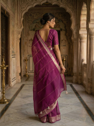 Georgette Striped Saree with Zari Border and Printed Blouse