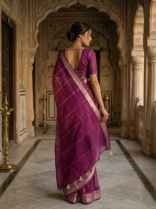 Georgette Striped Saree with Zari Border and Printed Blouse