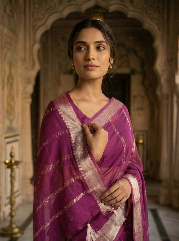 Georgette Striped Saree with Zari Border and Printed Blouse