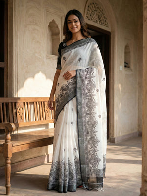 White & Grey Semi Linen Saree