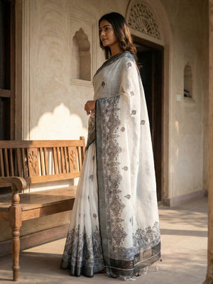 White & Grey Semi Linen Saree