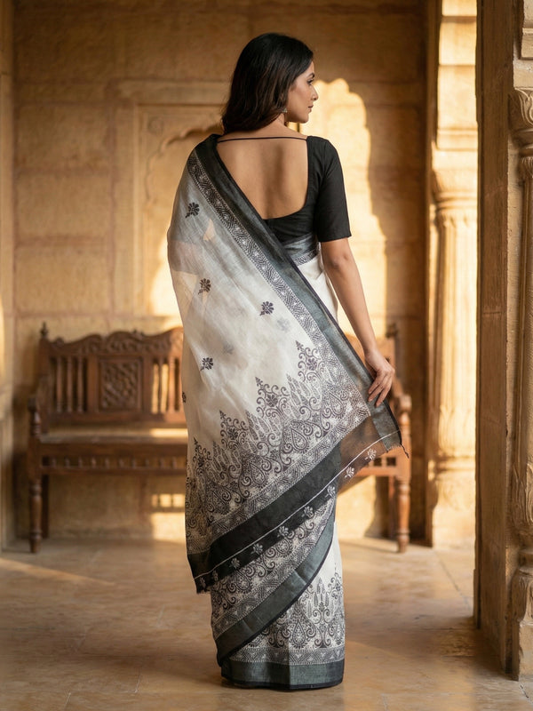 White & Grey Semi Linen Saree