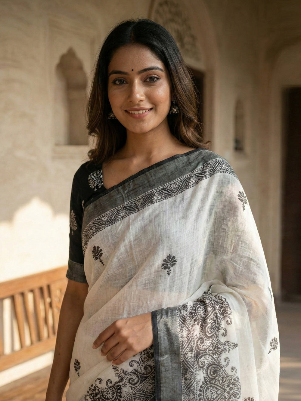 White & Grey Semi Linen Saree
