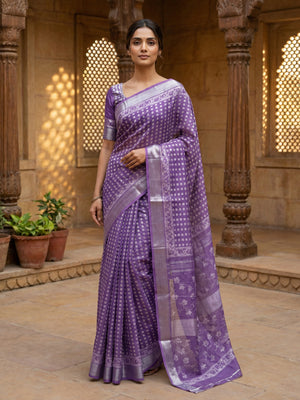 Dark Lavender Semi Linen saree With Printed Butta Design