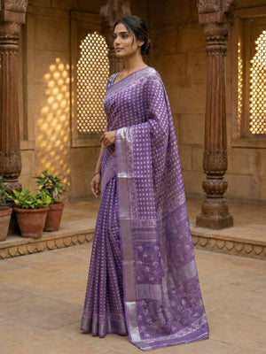 Dark Lavender Semi Linen saree With Printed Butta Design