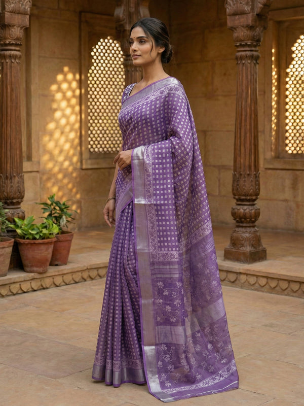 Dark Lavender Semi Linen saree With Printed Butta Design