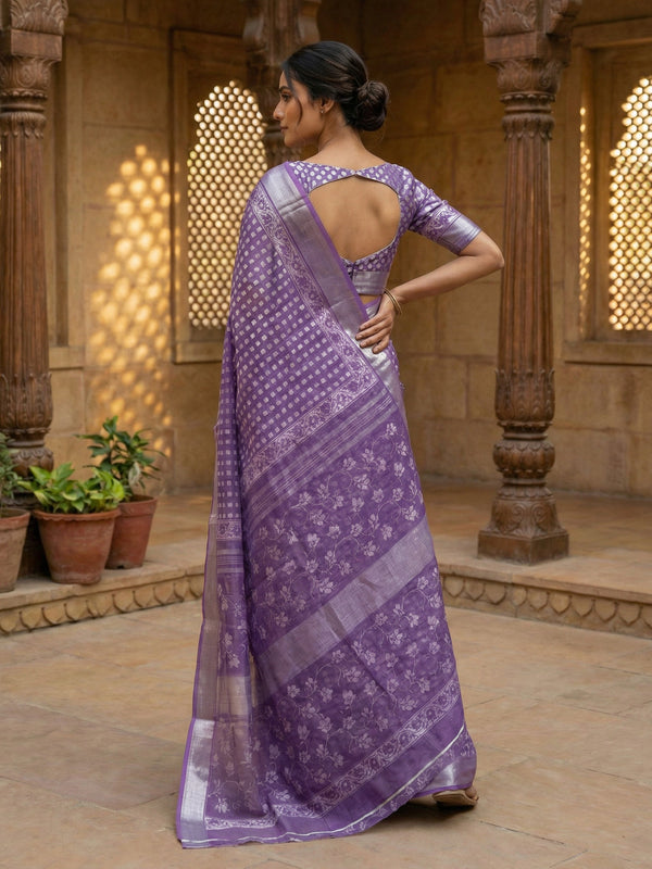 Dark Lavender Semi Linen saree With Printed Butta Design
