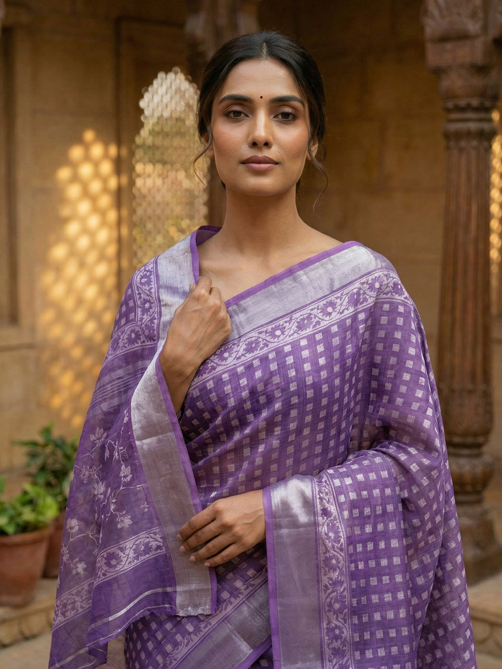 Dark Lavender Semi Linen saree With Printed Butta Design