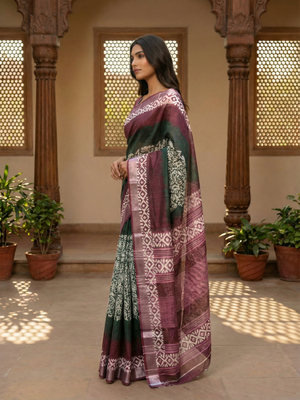 Bottle Green Semi Linen Saree