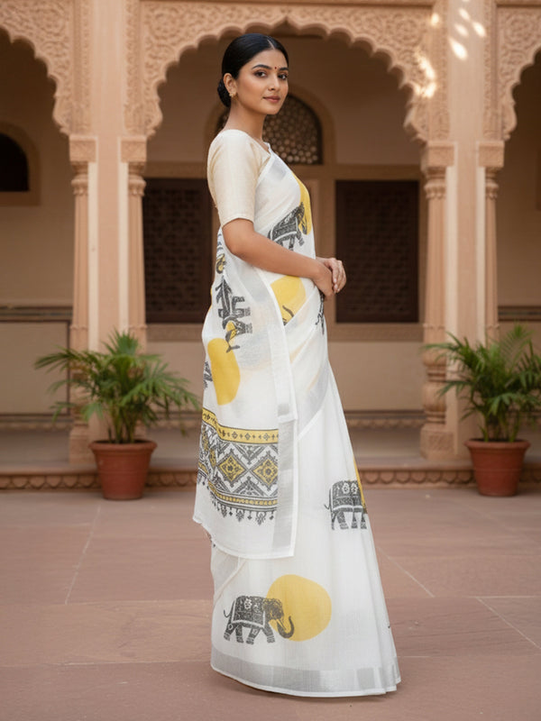 White Semi Linen Saree