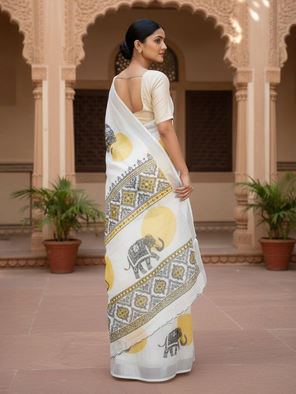 White Semi Linen Saree
