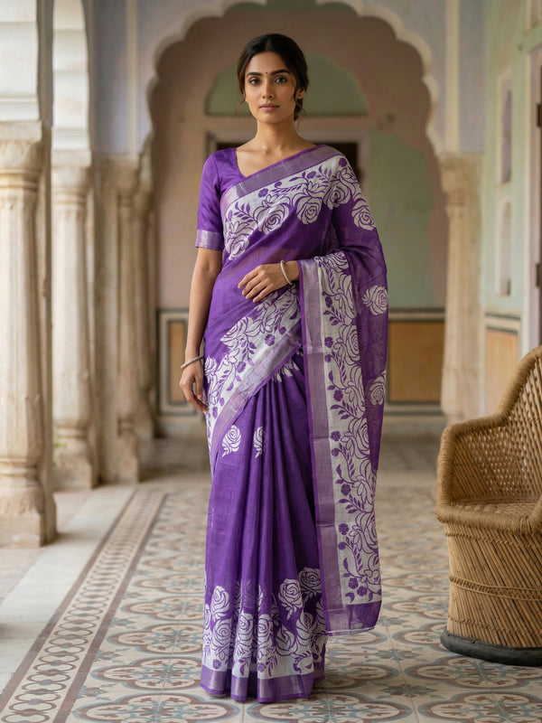 Lavender Printed Semi Linen With Printed Pallu