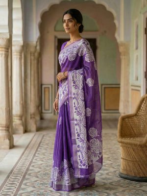 Lavender Printed Semi Linen With Printed Pallu
