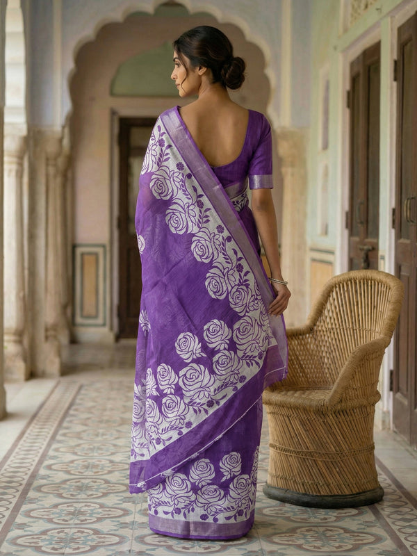 Lavender Printed Semi Linen With Printed Pallu
