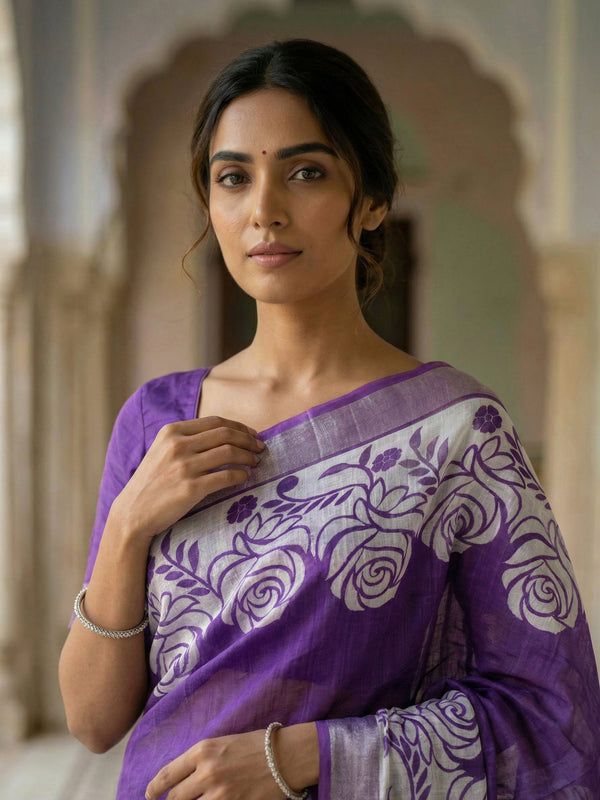Lavender Printed Semi Linen With Printed Pallu