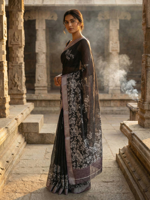Black Semi Linen Saree