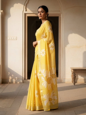 Yellow Semi Linen Saree