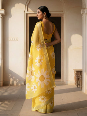 Yellow Semi Linen Saree