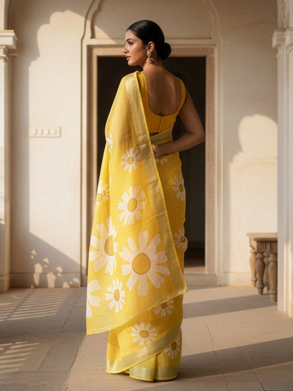 Yellow Semi Linen Saree