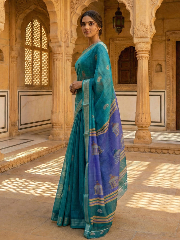 Semi Linen Saree in Teal Blue with Paisley Butta Design & Contrast Printed Pallu