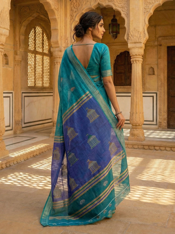 Semi Linen Saree in Teal Blue with Paisley Butta Design & Contrast Printed Pallu