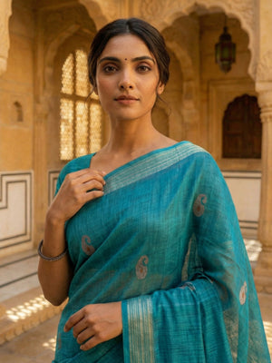 Semi Linen Saree in Teal Blue with Paisley Butta Design & Contrast Printed Pallu