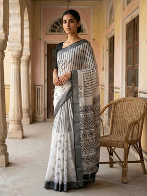 White & Grey Printed Semi Linen Saree