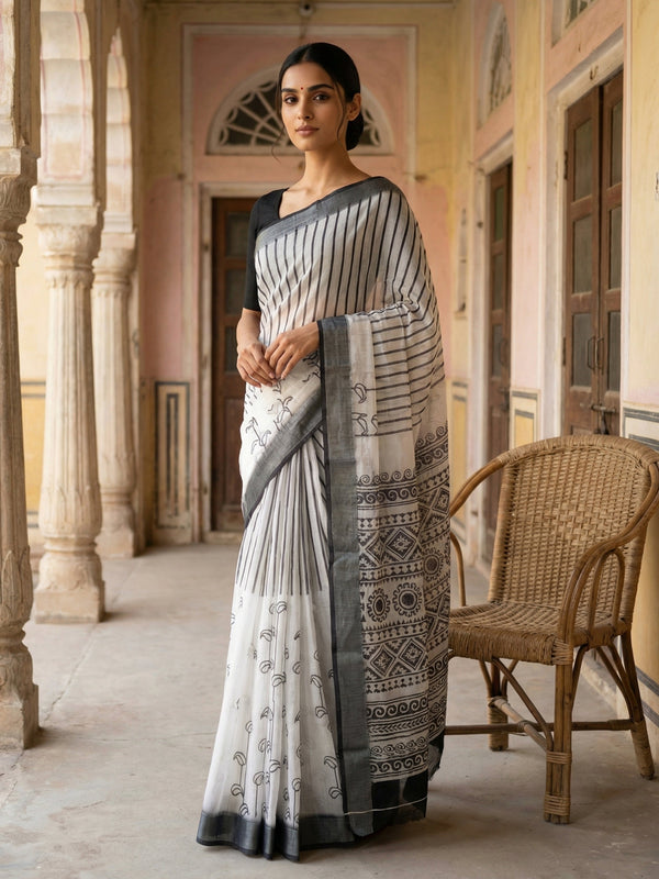 White & Grey Printed Semi Linen Saree