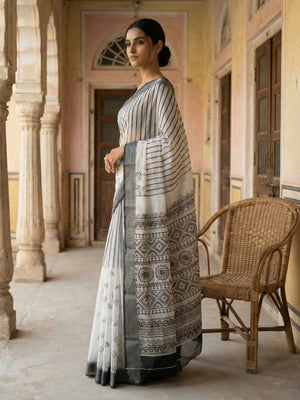 White & Grey Printed Semi Linen Saree
