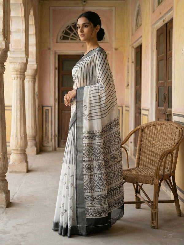 White & Grey Printed Semi Linen Saree