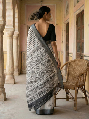 White & Grey Printed Semi Linen Saree