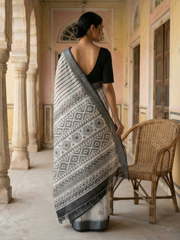 White & Grey Printed Semi Linen Saree
