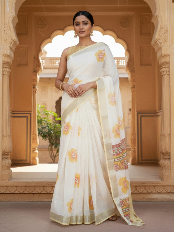 Sand Cream Printed Semi Linen Saree