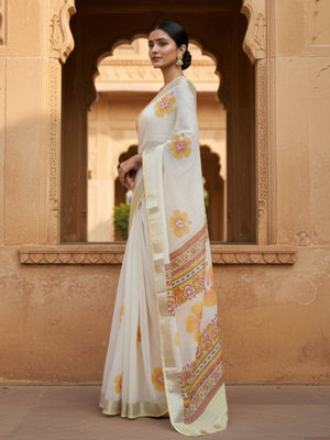 Sand Cream Printed Semi Linen Saree