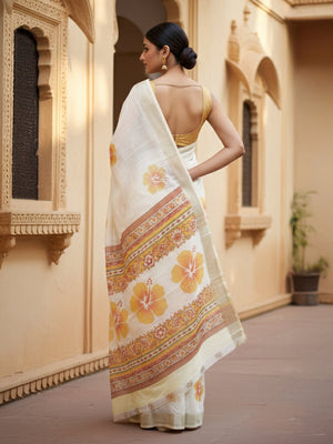 Sand Cream Printed Semi Linen Saree