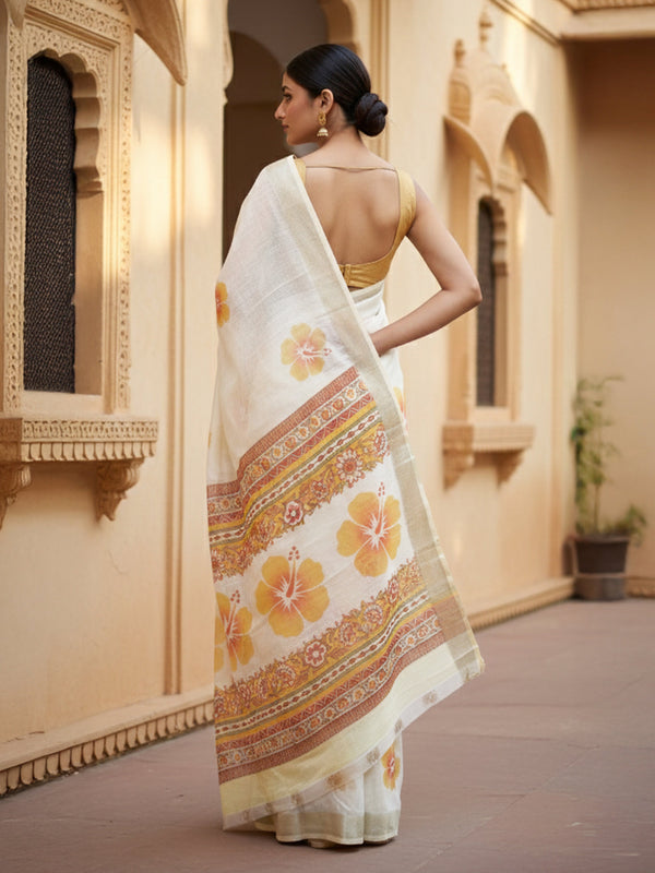 Sand Cream Printed Semi Linen Saree