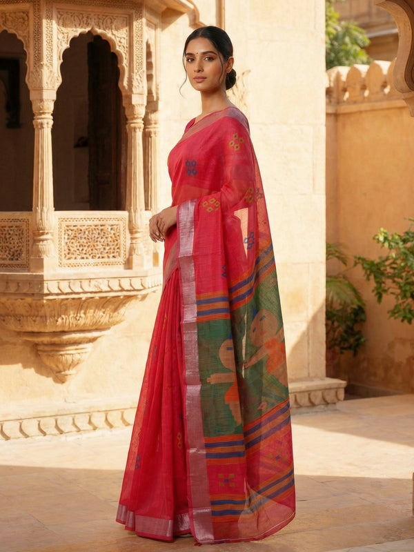 Pink Semi Linen Saree With Printed Butta Design