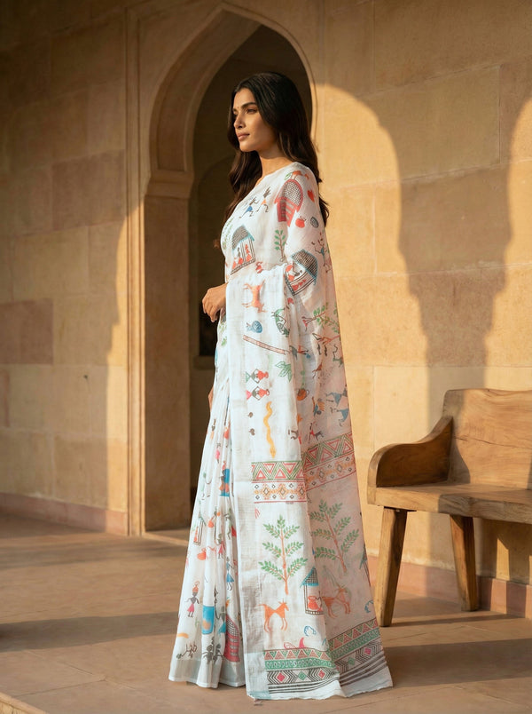 White Semi Linen Saree With Warli Print Design