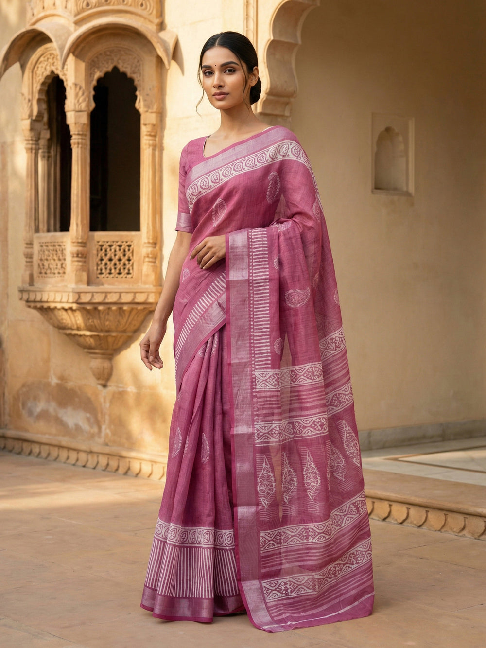 Rose Pink Semi Linen Saree with Paisley Motifs and Striped Border