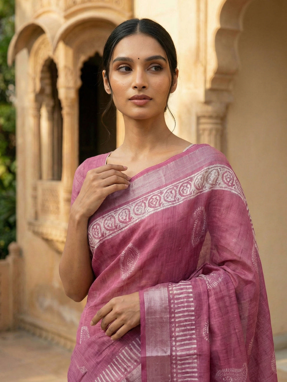 Rose Pink Semi Linen Saree with Paisley Motifs and Striped Border