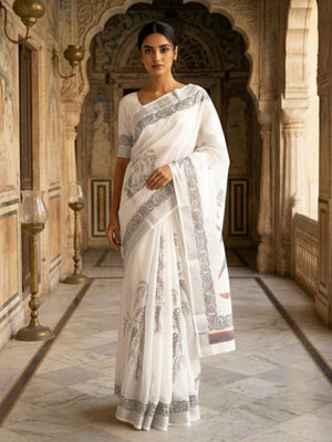 Off White Printed Semi Linen Saree