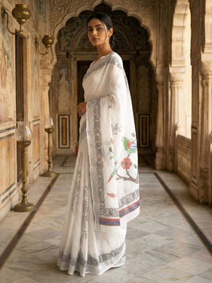 Off White Printed Semi Linen Saree
