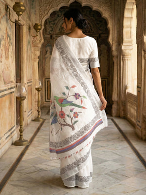 Off White Printed Semi Linen Saree