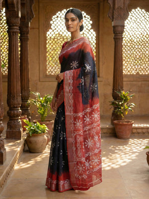 Dark Slate & Red Linen Saree with Floral Print and Contrast Border