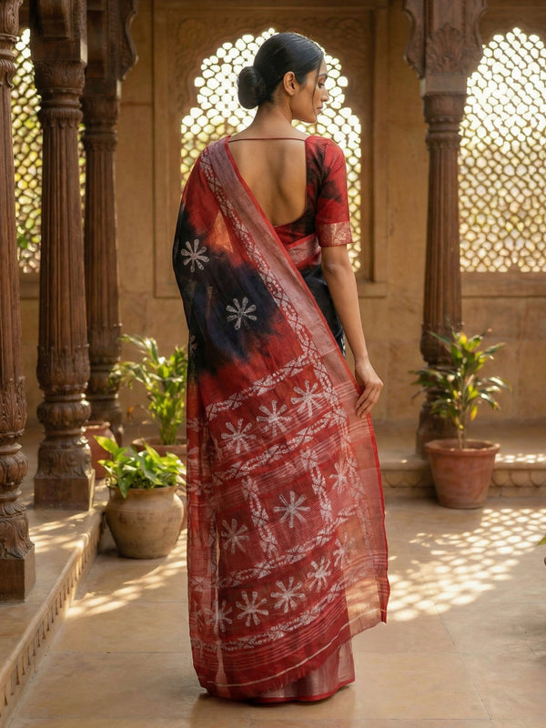 Dark Slate & Red Linen Saree with Floral Print and Contrast Border