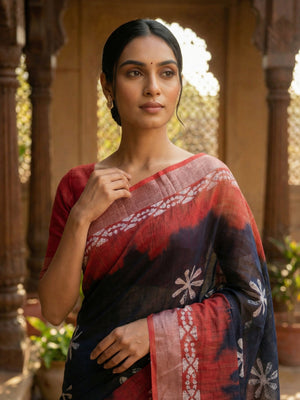 Dark Slate & Red Linen Saree with Floral Print and Contrast Border
