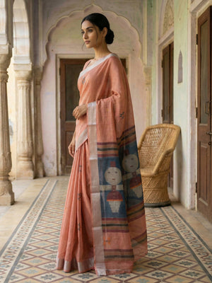 Melon Peach Semi Linen Saree