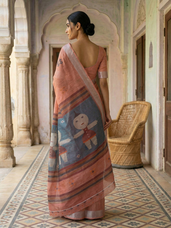 Melon Peach Semi Linen Saree