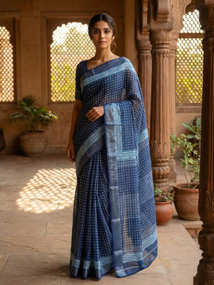 Indigo Blue Printed Semi Linen Saree