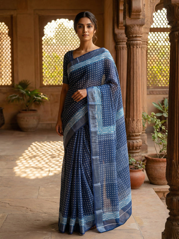 Indigo Blue Printed Semi Linen Saree